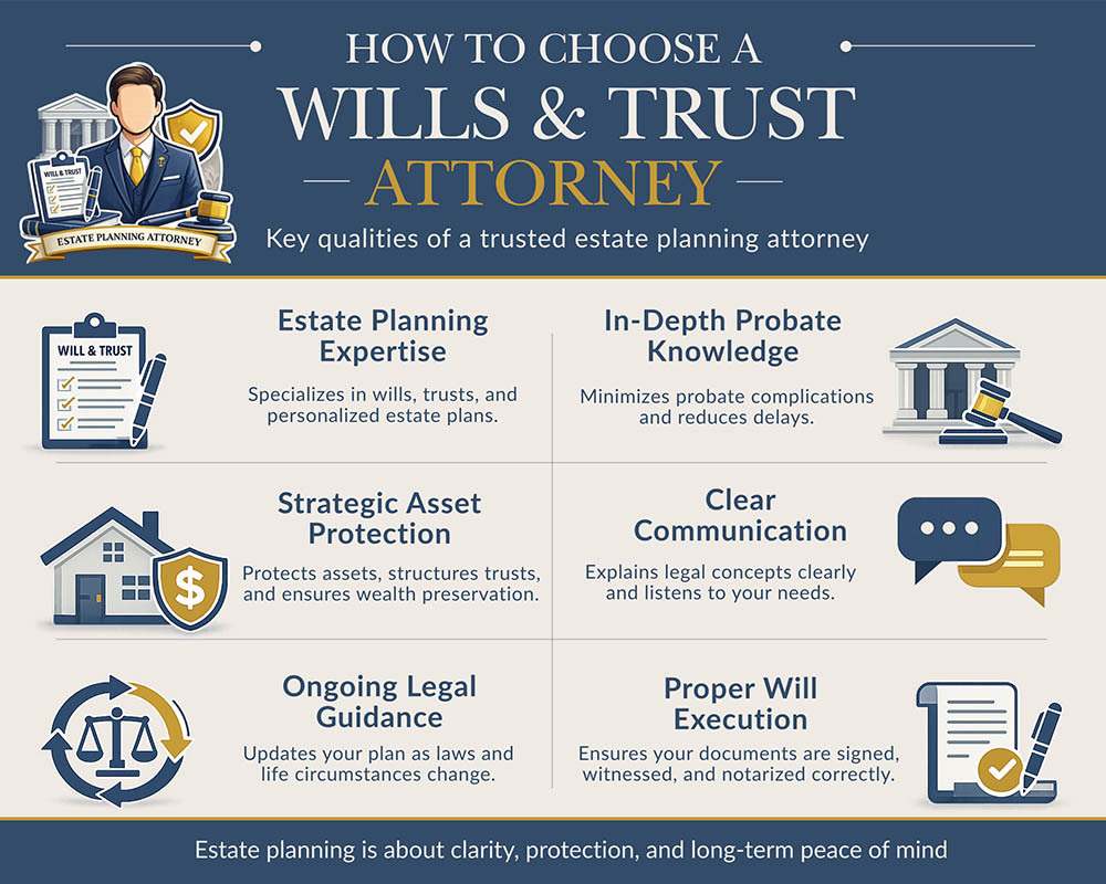 Infographic explaining how to choose a wills and trust attorney, highlighting estate planning focus, probate experience, asset protection, and proper will execution