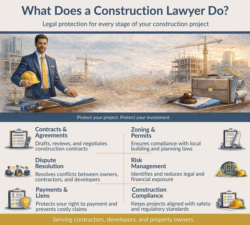 Infographic explaining what a construction lawyer does for contractors and property owners in Queens, New York